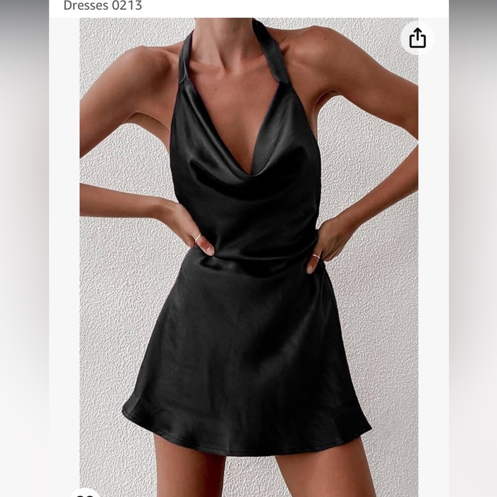 Black cowl neck, halter neck, satin mini dress, size Large